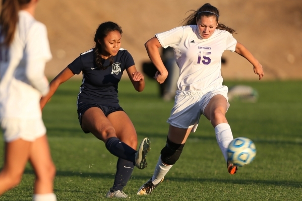 Foothill‘s Myriah Epino (9) takes a shot at the goal against Silverado in the girls Su ...