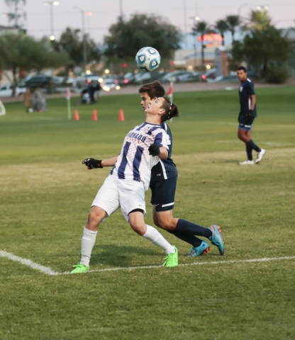 Coronado‘s Preston Judd (10) prepares to hit the ball with his head as Foothill‘ ...