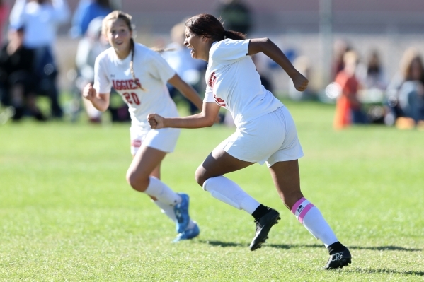 Arbor View‘s Madison Boyd (18) celebrates a goal against Centennial in their Sunset Re ...