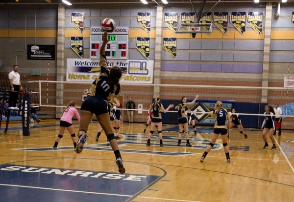 Foothill‘s Aysia Mabry (10) serves the ball during the Sunrise Region girls volleyball ...