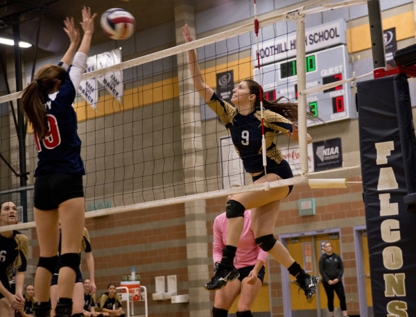 Foothill‘s Tessa Michalosky (9) puts the ball over the net during the Sunrise Region g ...