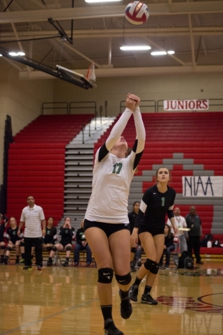 Palo Verde‘s Virginia Rallo (17) hits the ball during the Sunset Region girls volleyba ...