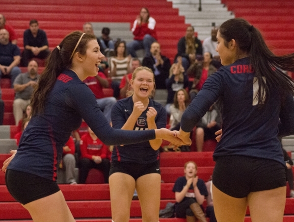 Coronado High School celebrates a point during the Sunrise Region girls volleyball final aga ...