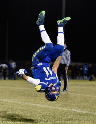 Moapa Valley‘s R.J. Hubert celebrates his team‘s victory against Desert Pines af ...