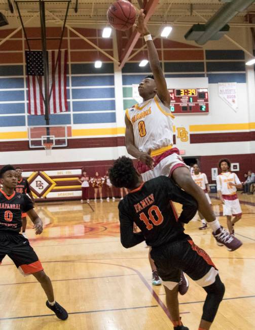 Del Sol’s Devonte Anton Villarta (10) shoots over Chaparral’s Cairyn Bray during ...