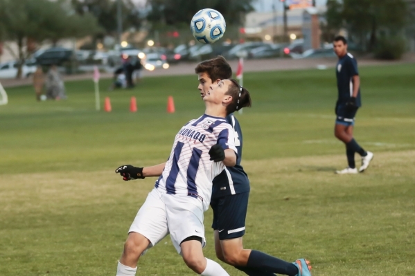 Coronado‘s Preston Judd (10) prepares to hit the ball with his head as Foothill‘ ...