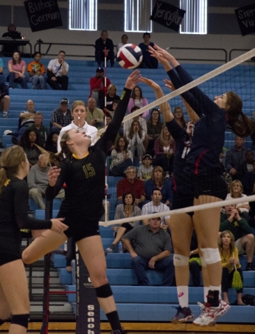 Bishop Julia Wentzel (15) hits the ball during the division I state volleyball final match b ...