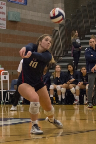 Coronado‘s Emily Bender (10) hits the ball during the division I state volleyball fina ...