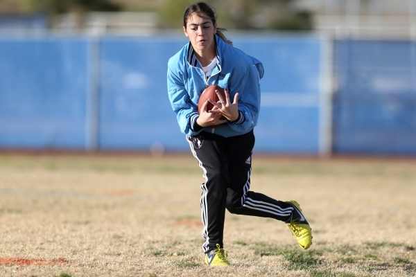 Centennial‘s Cienna Mendez makes a catch during a girl‘s flag football practice ...