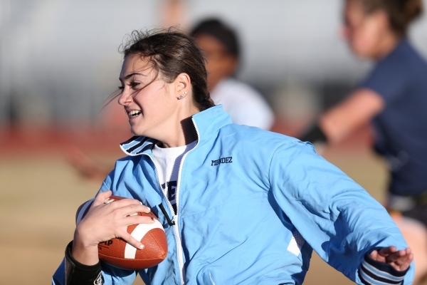 Centennial‘s Cienna Mendez runs the ball during a girl‘s flag football practice ...