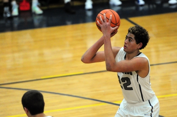 The Meadows School center Max Hisatake (22) shoots a free throw against Spring Creek during ...