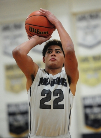 The Meadows School center Max Hisatake (22) shoots a free throw against Spring Creek during ...