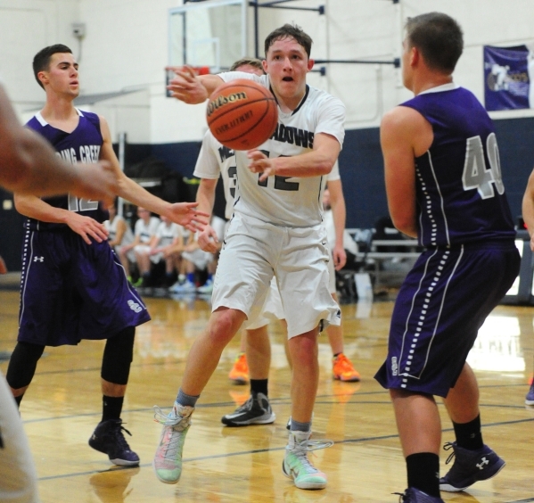 The Meadows School guard Ethan Fridman (12) passes the ball in front of Spring Creek forward ...