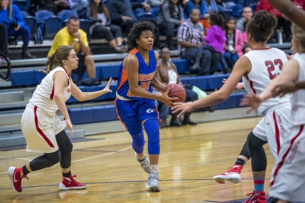 Skylar Jackson (20) of the Bishop Gorman Lady Gaels drives to the basket against the Castle ...