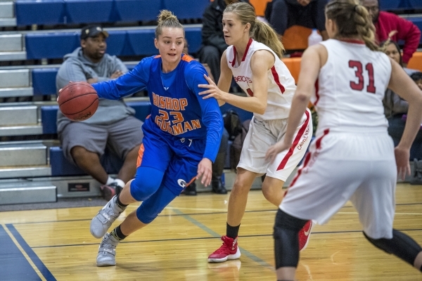 Megan Jacobs (23) of the Bishop Gorman Lady Gaels drives to the basket against the Castle Vi ...