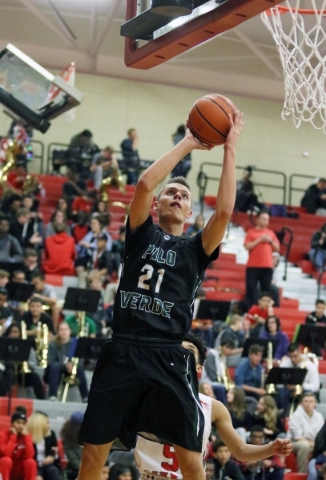 Palo Verde‘­s Cole Hendershot goes up for a shot during a basketball game against Arb ...