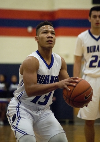 Durango High School‘s Demetrius Valdez (13) prepares to shoot a free throw during thei ...