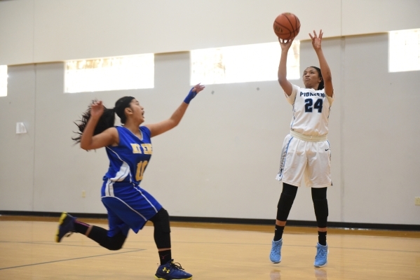 Canyon Springs Monica Brass (24) shoots the ball against California‘s Mount Eden defen ...