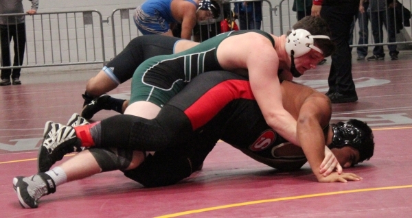 Palo Verde senior Cole Judd prepares to score a takedown of Segerstrom (Calif.) junior Emman ...