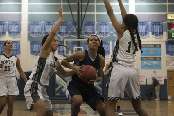 Centennial High School‘s Samantha Thomas (25) prepares to shoot against Bonita High Sc ...