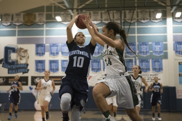 Centennial High School‘s Jayden Eggleston (10) shoots against Bonita High School&lsquo ...