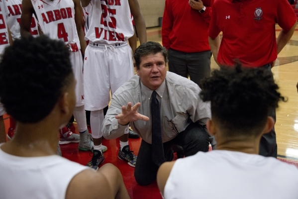 Arbor View High School head coach Mike Brascia speaks to his team during their home game aga ...