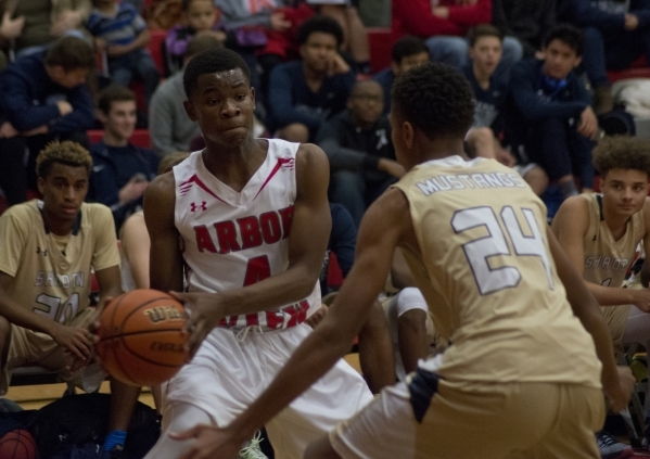 Arbor View‘s Favor Chukwukelu (4) tries to get the ball around Shadow Ridge‘s Ni ...