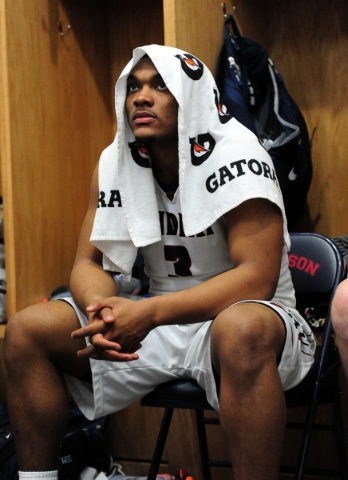 Findlay Prep guard Carlos Johnson, a UNLV commit, is seen in the lockerroom at halftime of t ...