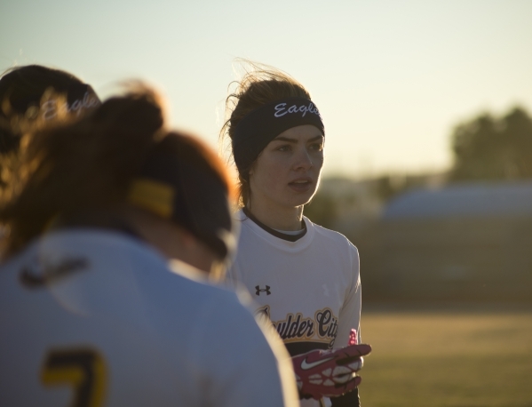 Boulder City‘­s Kenadee Bailey (1) stands with her team on the sideline before their ...