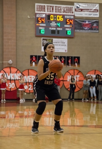 Desert Oasis center Dajaah Lightfoot (35) prepares to shoot a game-winning free throw during ...