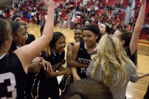 Desert Oasis center Dajaah Lightfoot (35) is congratulated after a game-winning free throw d ...