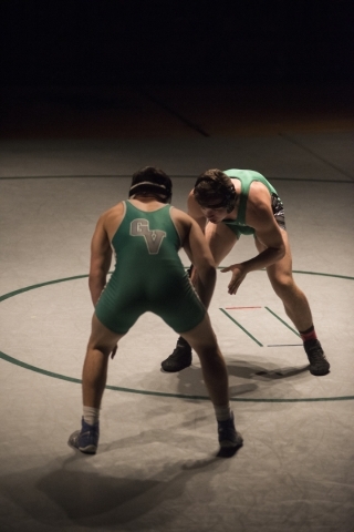 Green Valley‘s Robert Razo, left, wrestles Rancho‘s Alejandro Ordonez during the ...