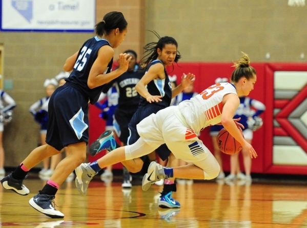 Centennial guard Samantha Thomas (25) fouls Bishop Gorman guard Megan Jacobs in the third qu ...