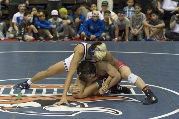 Alia Villiatora, top, of Shadow Ridge High School wrestles Ian Timmins of Wooster High Schoo ...