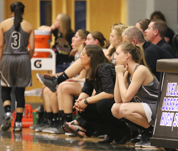 Faith LutheranÂ´s Isabel Thornton, right, waits to rotate in during a NIAA Division 1-A So ...