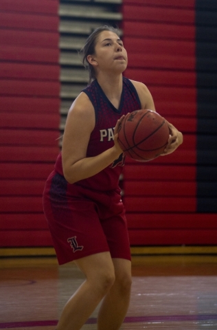 Liberty‘s Nancy Caballero (41) takes a shot during practice at Liberty High School in ...