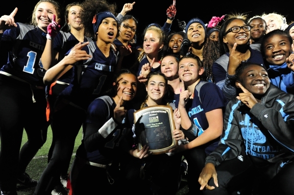 Centennial players celebrate their 25-20 victory over Foothill in the CCSD Division I Flag f ...