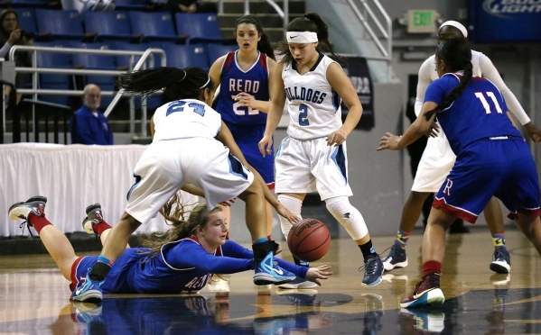 Reno‘s Mallory McGwire scrambles for a loose ball against Centennial during the NIAA D ...