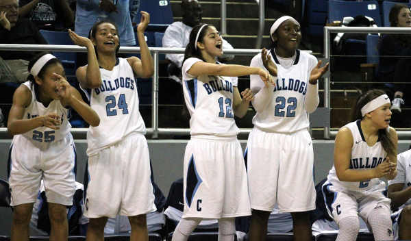 Bulldogs, from left, Samantha Thomas, Bailey Thomas, Sarah Kruthaupt, Eboni Walker and Melan ...