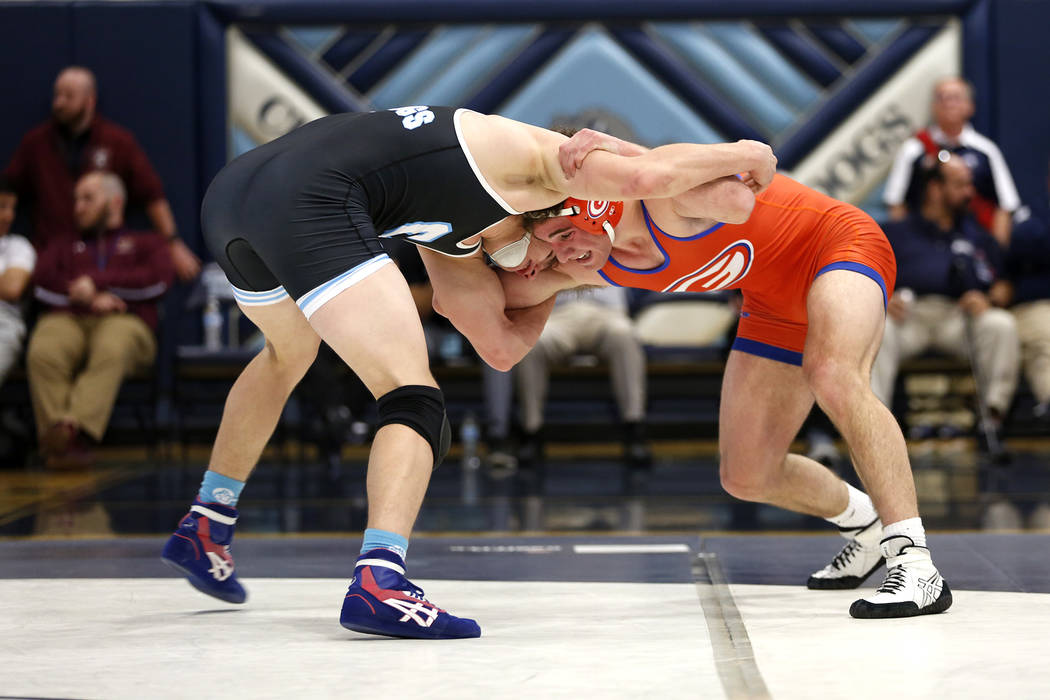 Joey Mazzara, of Bishop Gorman High School, wrestles his opponent on Saturday during the Sun ...