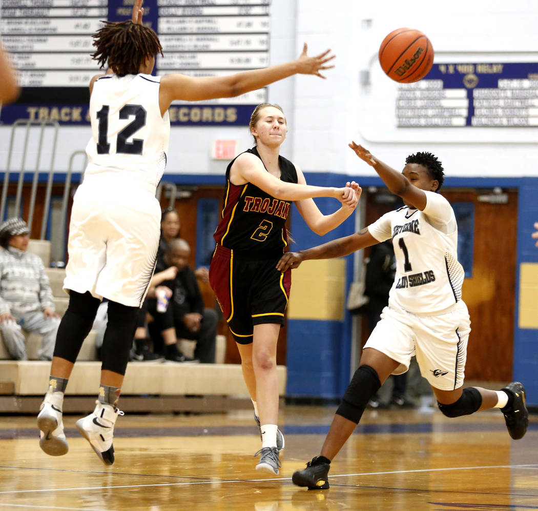 Pahrump Valley’s Alyvia Briscoe (2) passes the ball during a basketball game at Cheyen ...