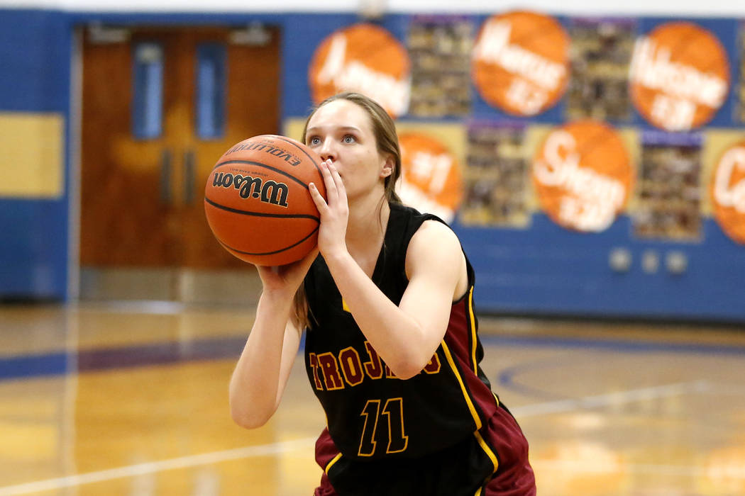 Pahrump Valley’s Jackie Stobbe (11) throws the ball against Cheyenne High during a bas ...