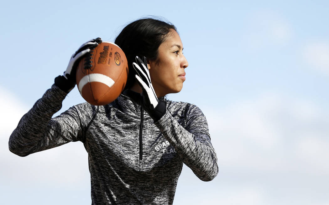 Tiarra Del Rosario, one of the best flag football players in the state, practices at Cimarro ...