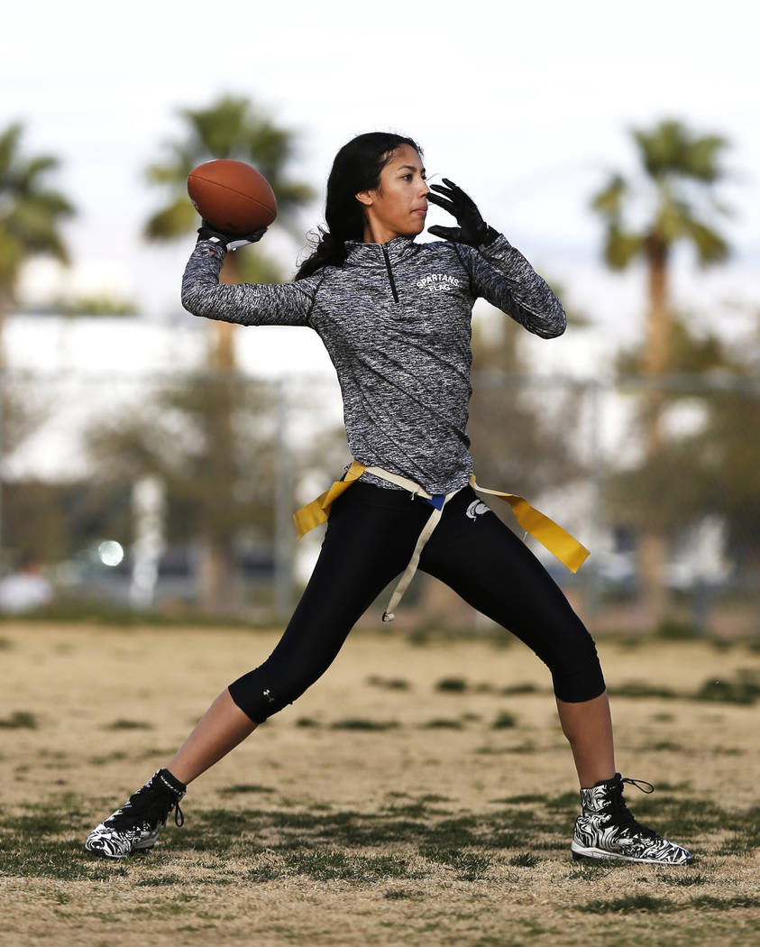 Tiarra Del Rosario, one of the best flag football players in the state, practices at Cimarro ...