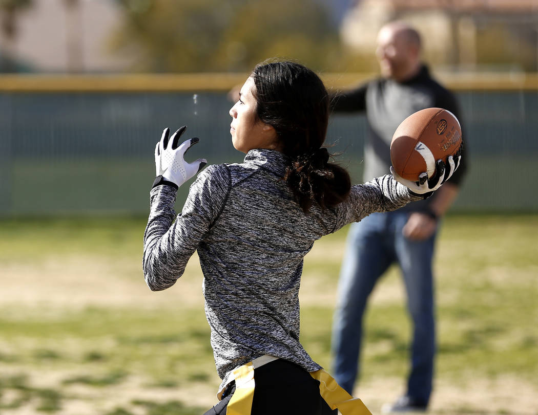 Tiarra Del Rosario, one of the best flag football players in the state, practices at Cimarro ...