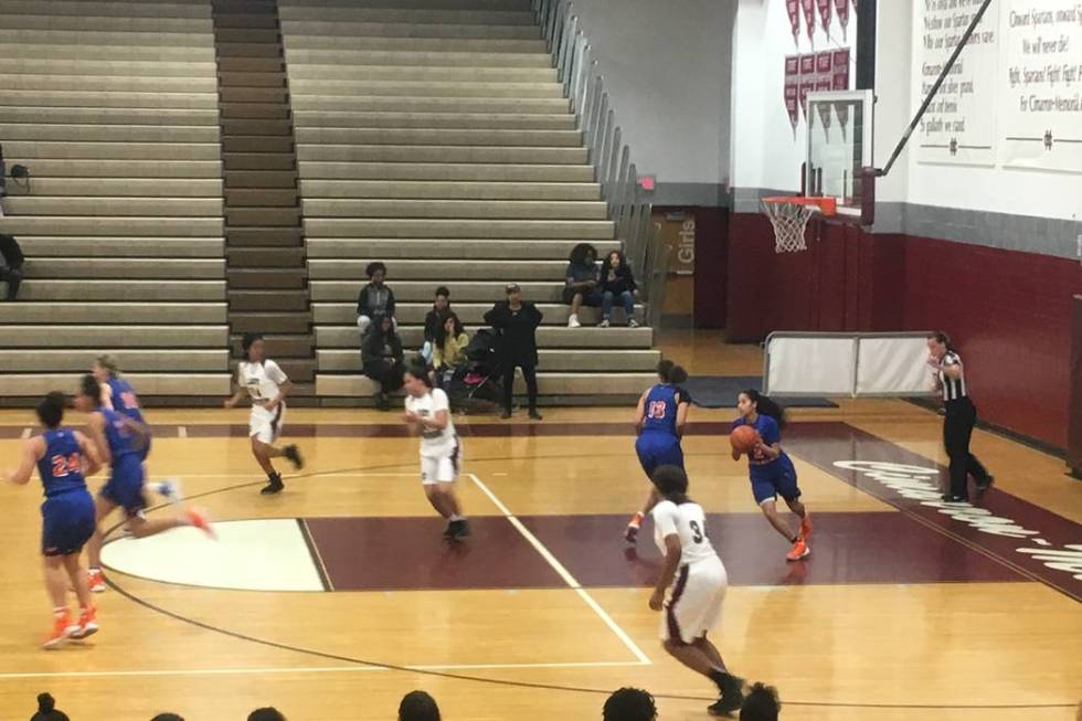 Bishop Gorman’s girls basketball team advances the ball against Cimarron-Memorial. Las ...