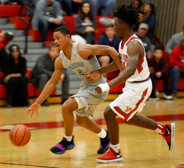 Canyon Springs’ Kevin Legardy (4) runs for the ball during a basketball game at Arbor ...