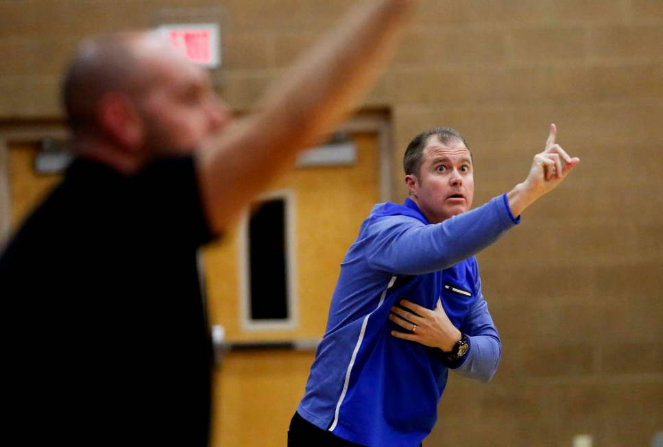 Bishop Gorman head coach Grant Rice directs his team against Clark during the Sunset Region ...