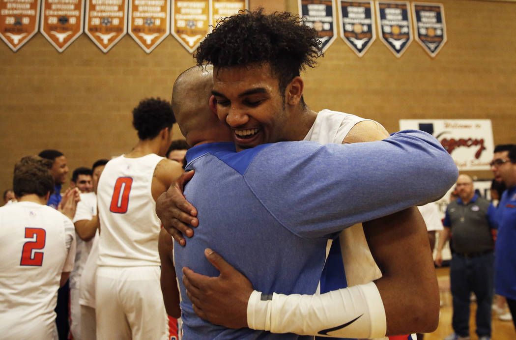 Bishop Gorman’s Jamal Bey (35) celebrates after helping beat Clark during the Sunset R ...