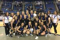 Pahranagat Valley players celebrate their 58-43 win over Wells for the Class 1A girls state ...